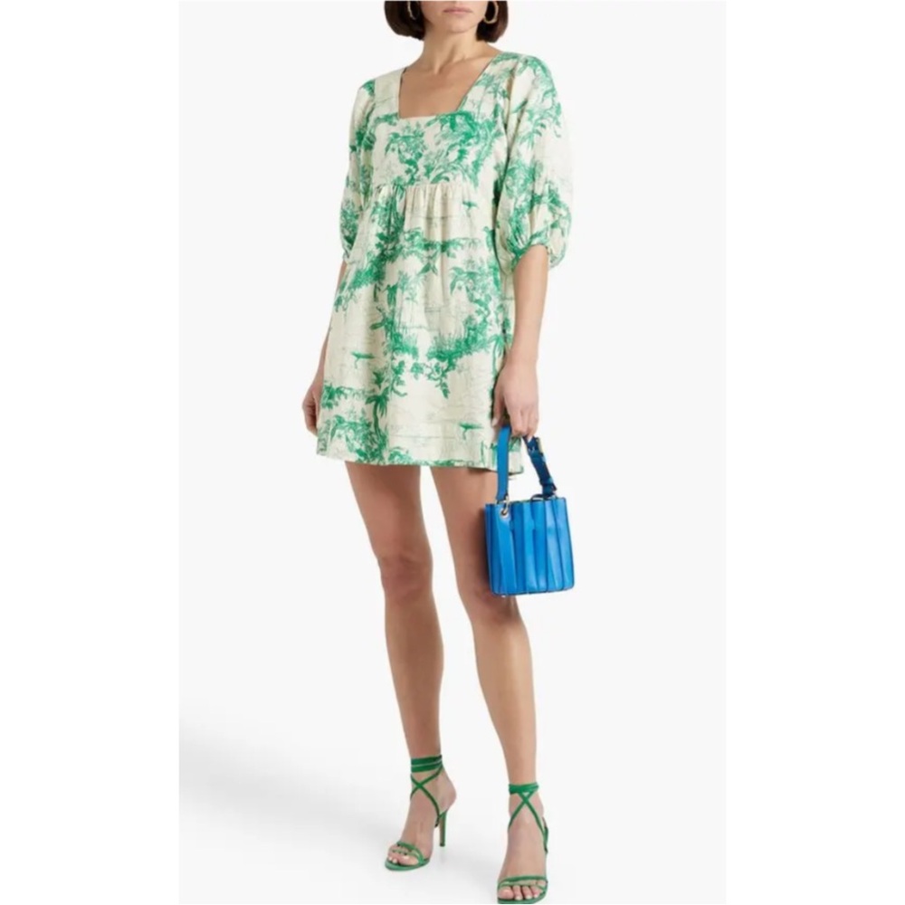 JOIE | $300 Gathered Printed Linen Mini Dress in Jade, Size Small